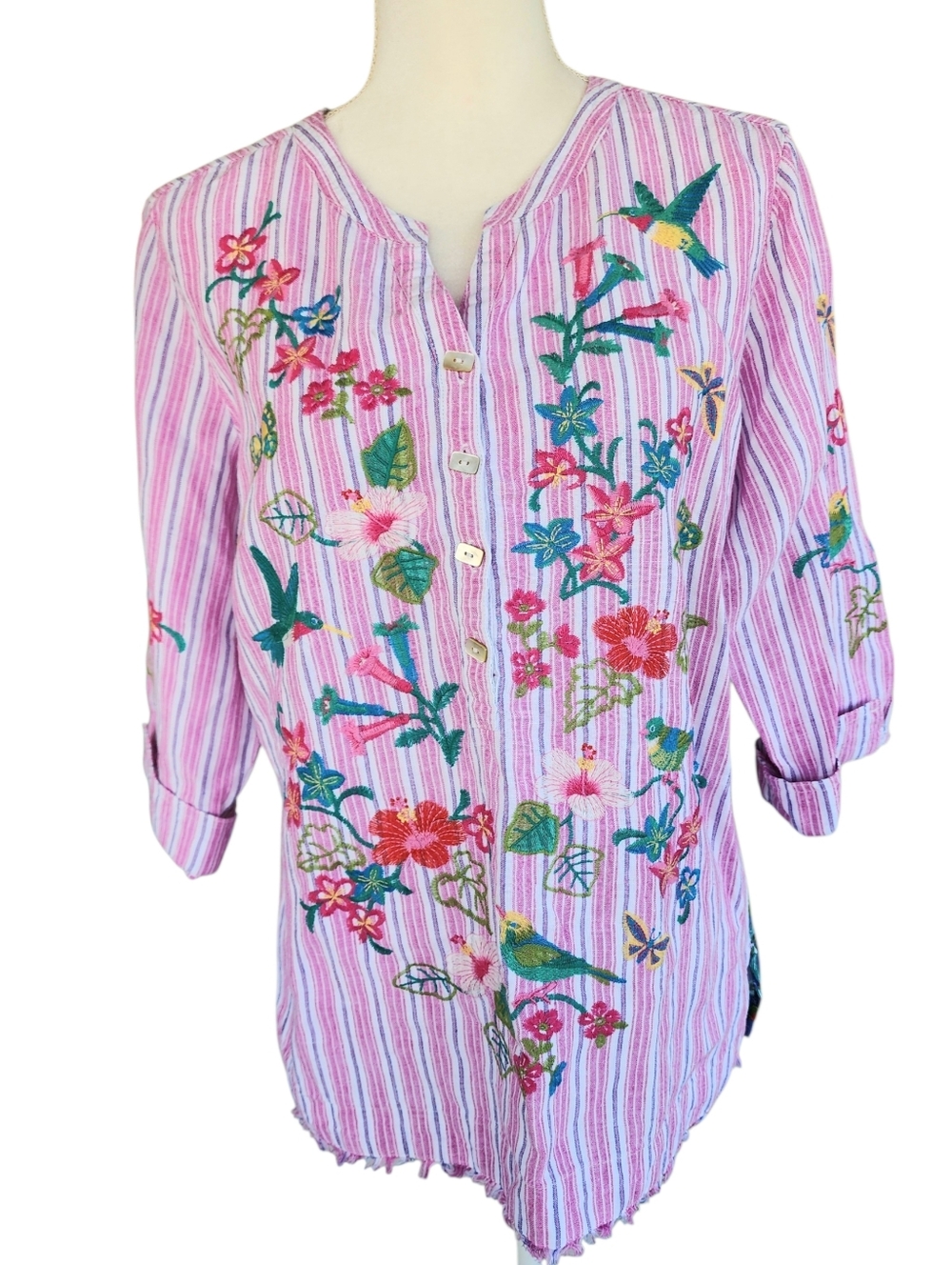 Embroidery John Mark Pink Striped Tunic with Multicolor Floral & Bird. - Picture 2 of 12
